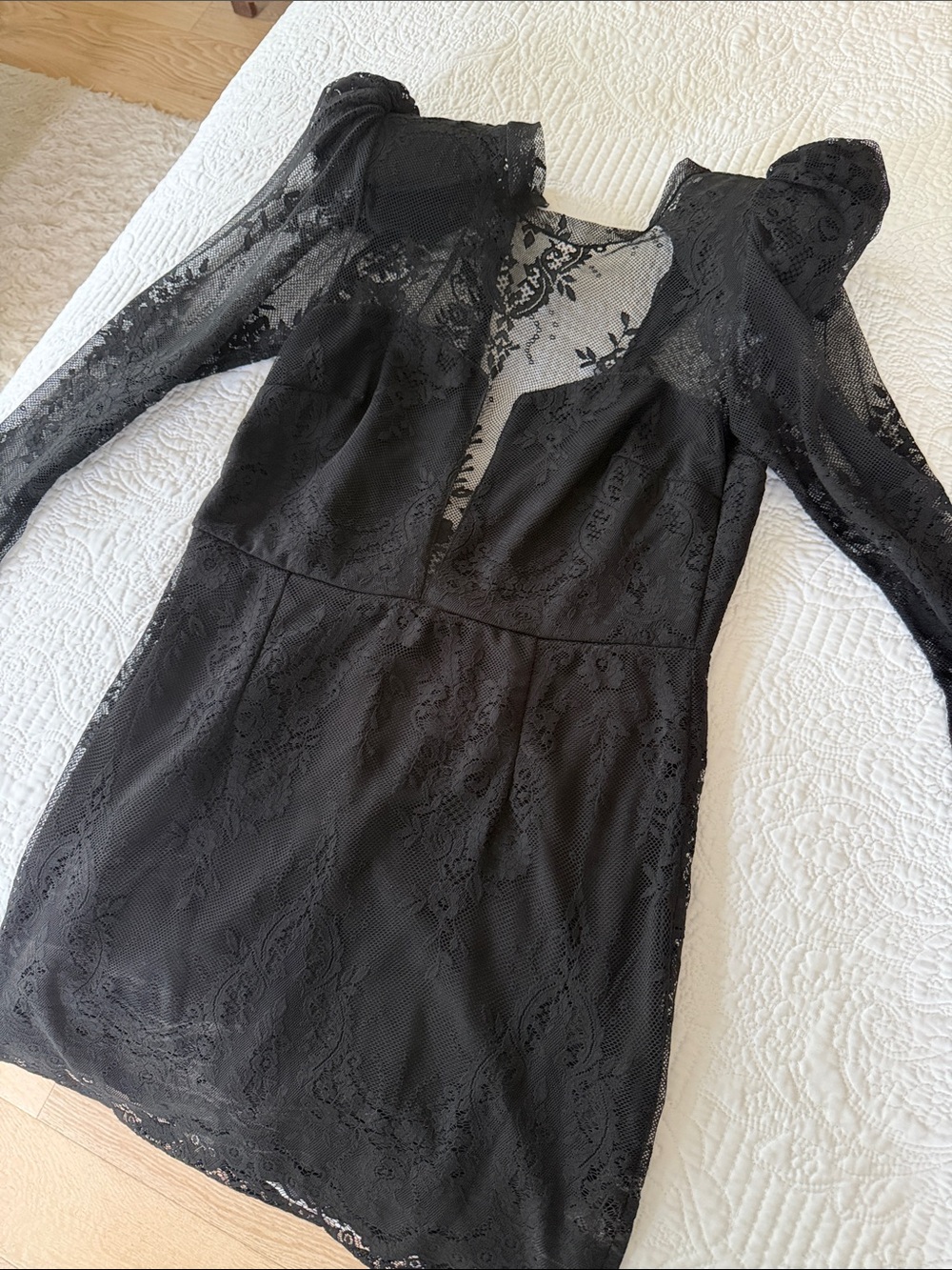 Black Lace Long-Sleeve Mini Dress with padded shoulders